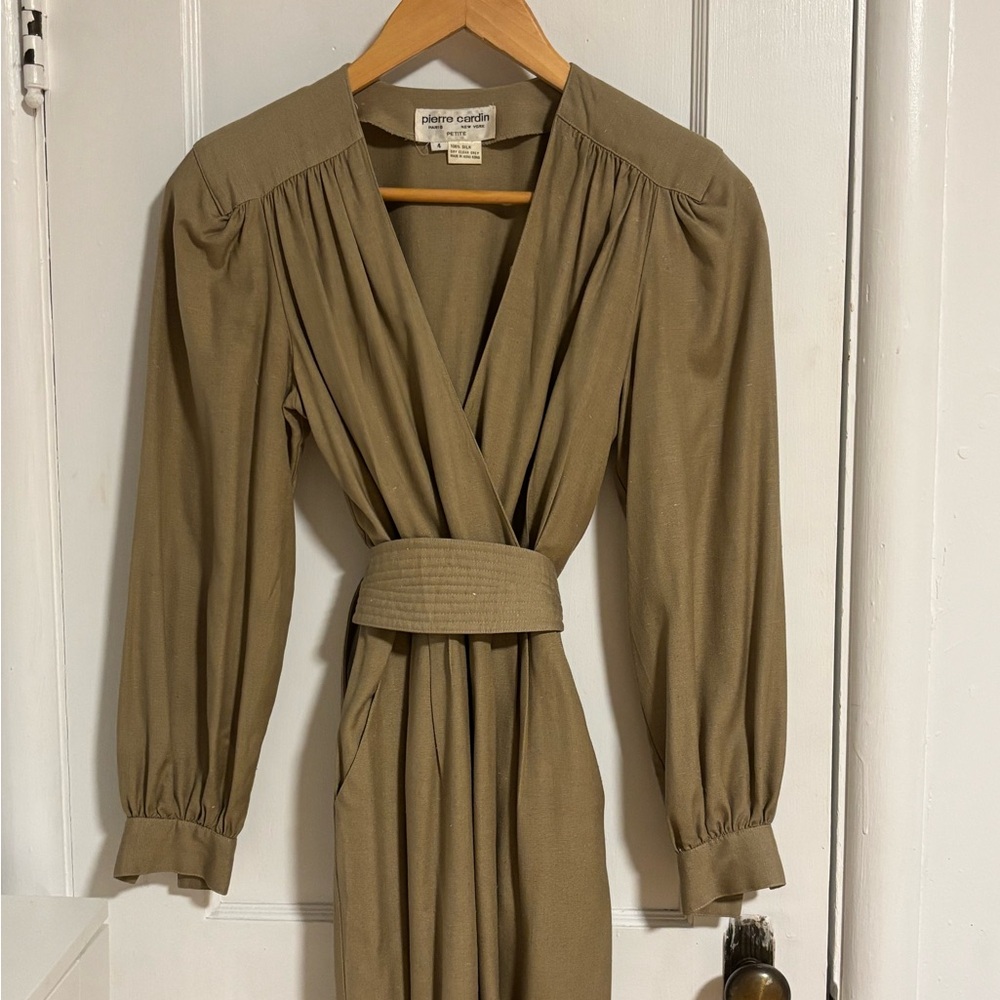 Vintage RARE Pierre Cardin Silk jumpsuit- Beige Petite size 4 - Picture 3 of 10